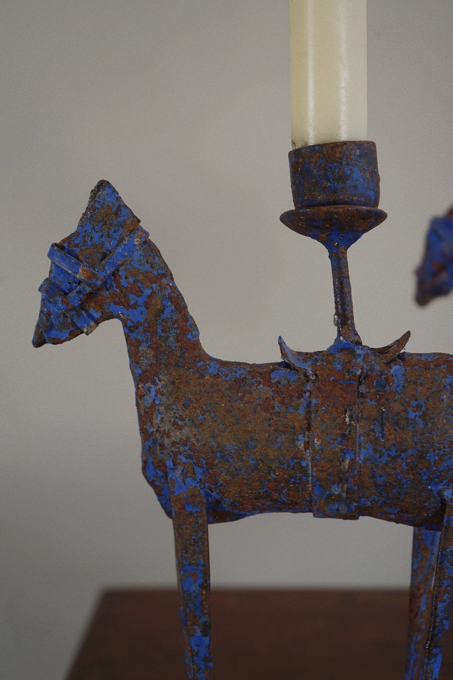 Pair of Folk Art Iron Horse Candlesticks Europe, 20th century