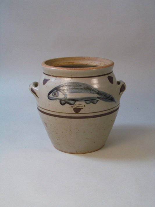 Large Slip-Decorated Stoneware Jar with Fish Motif