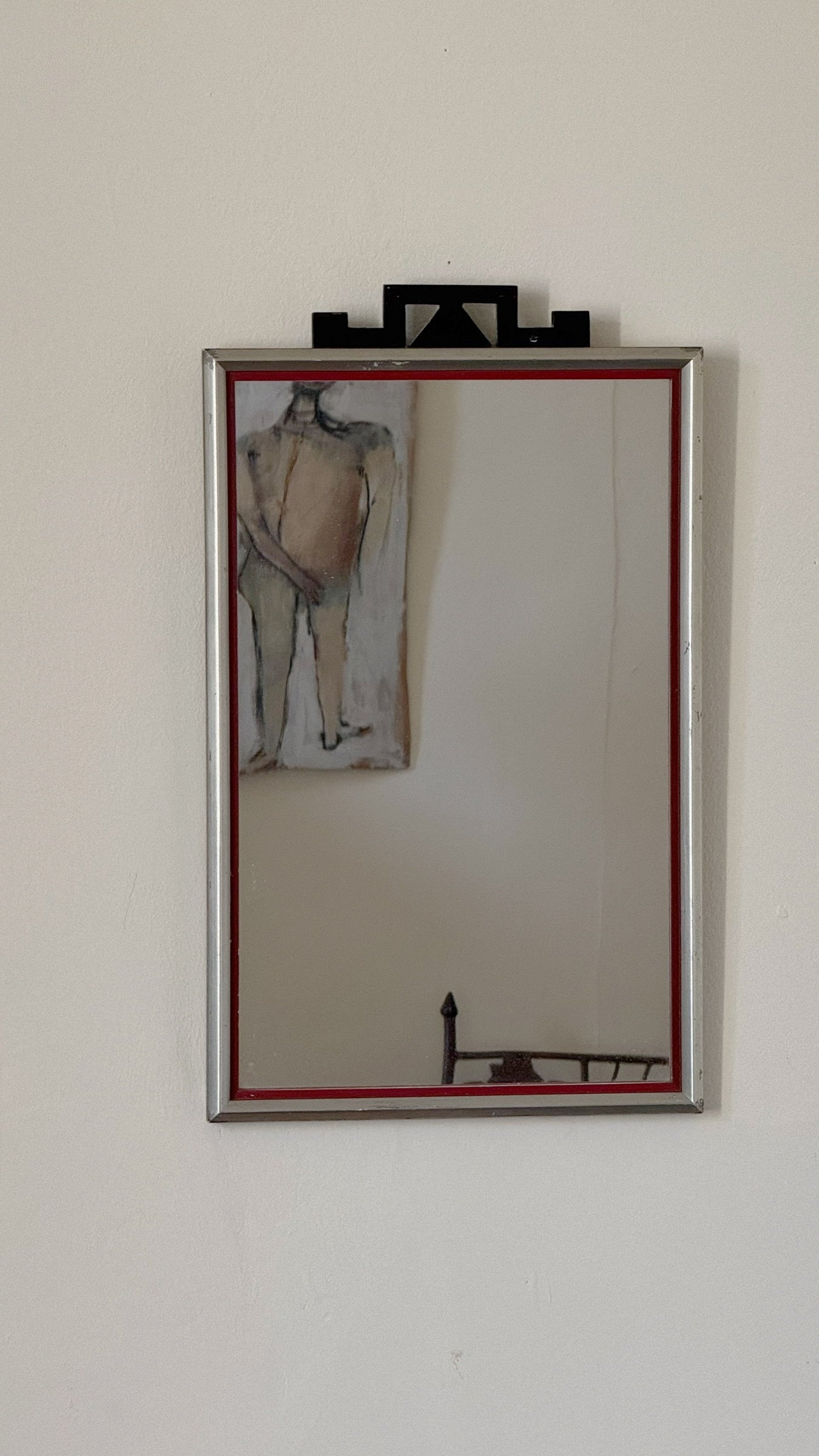 Art Deco Wall Mirror with Red Liner, c.1930