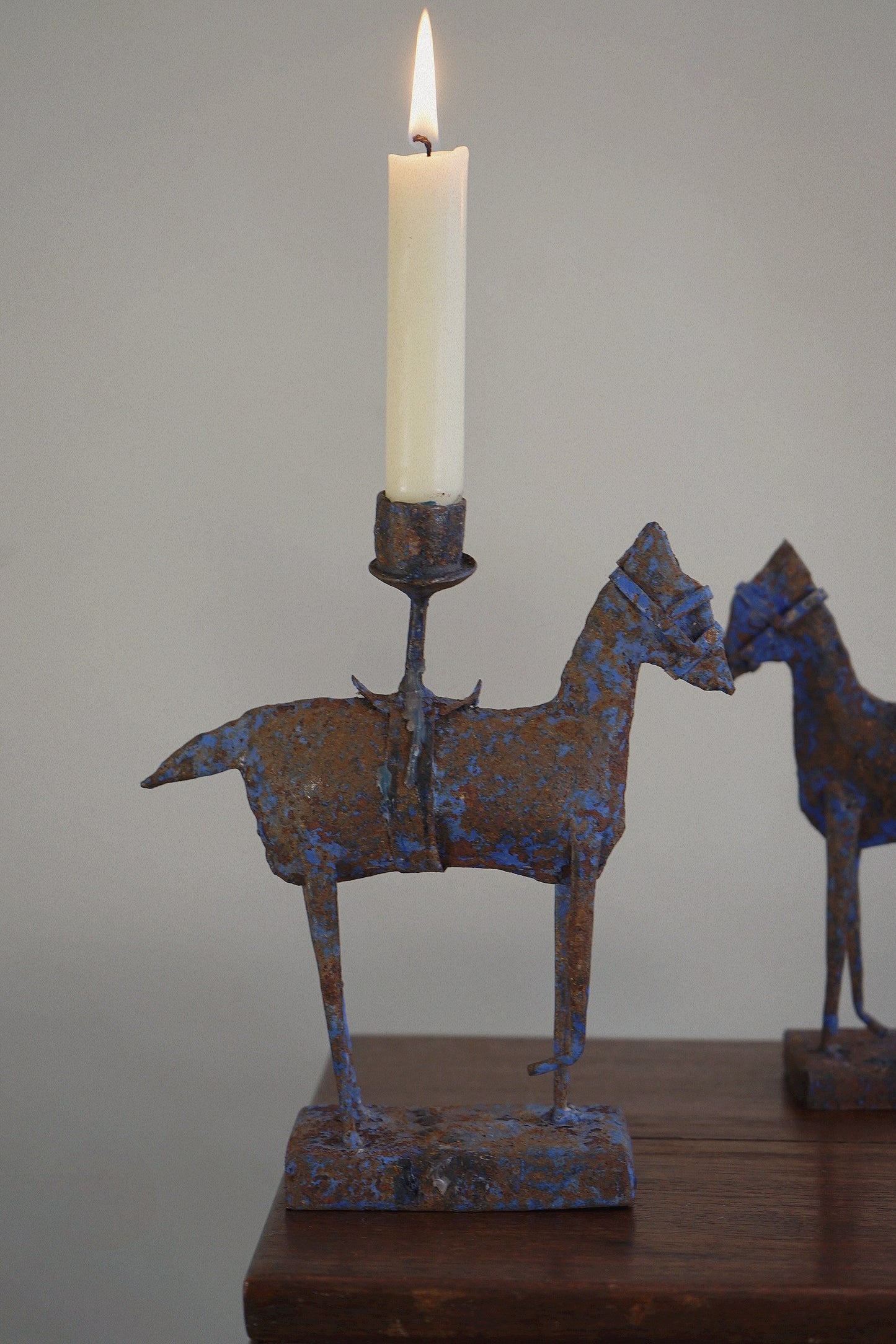 Pair of Folk Art Iron Horse Candlesticks Europe, 20th century